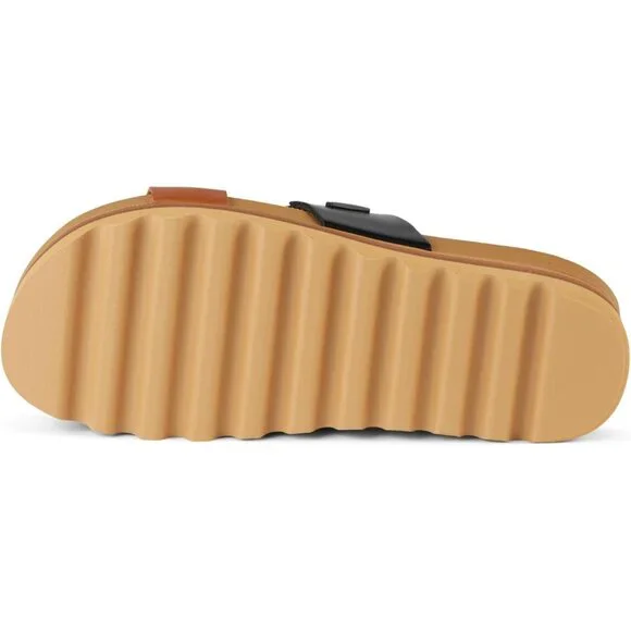 Women's Slide Sandal Black Duo Open Toe Slip-on Platform Heel Double Strap - Picture 3 of 7